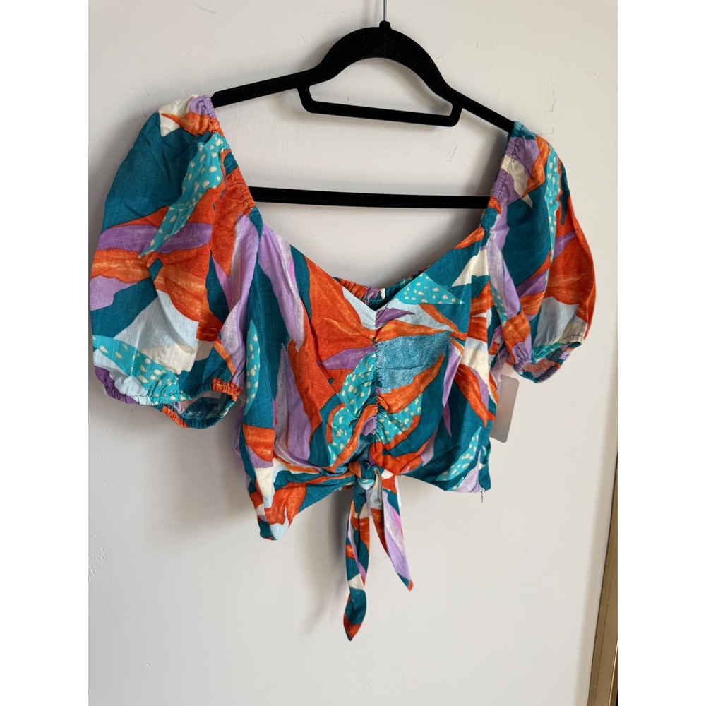 Sage The Label Pacific Crop Top Small Tropical Puff Sleeve Tie Front Top NWT